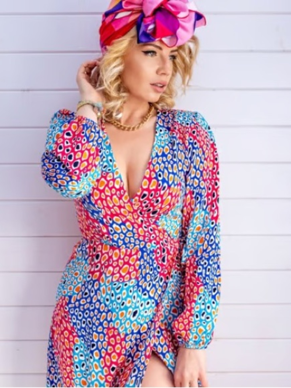 Multicolor Cheetah Print V-Neck Long Sleeve Tie Waist Mini Dress Size 2XL NWT